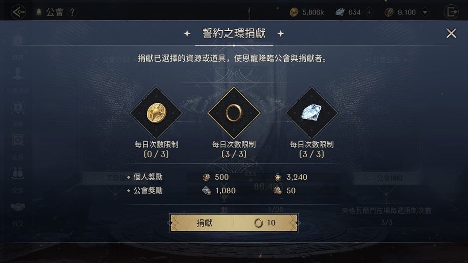締造者:放逐之境 公會捐獻:誓約之環 10 個,個人獎勵是金幣捐獻的 5 倍